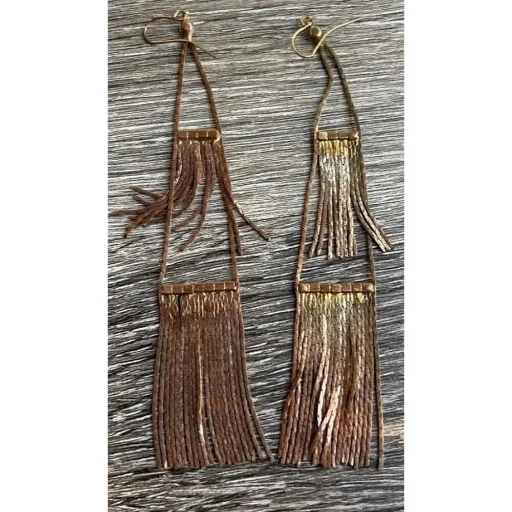 Vintage Copper Rose Gold Long Tassle Multi Start and Dangle Earrings White Stone